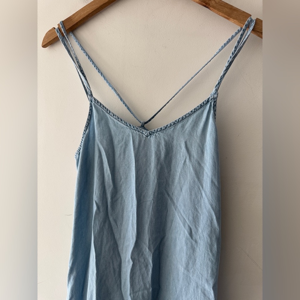 Aerie Women's Chambray Spaghetti Straps Midi Slip Dress Side Slits - Picture 3 of 7